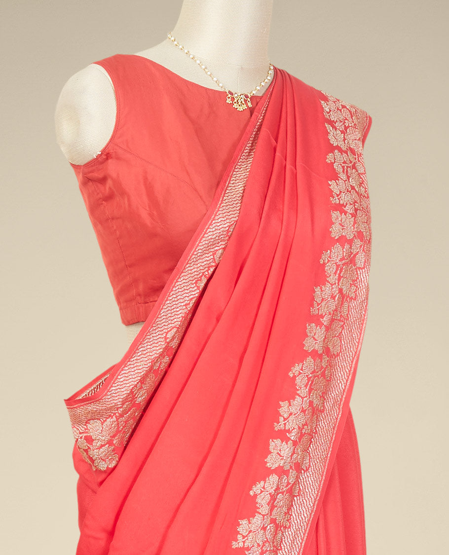 Red crepe saree with self floral design border