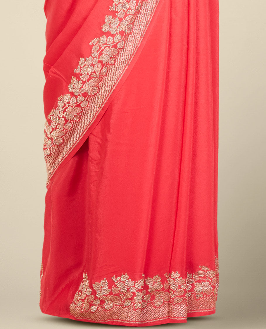 Red crepe saree with self floral design border