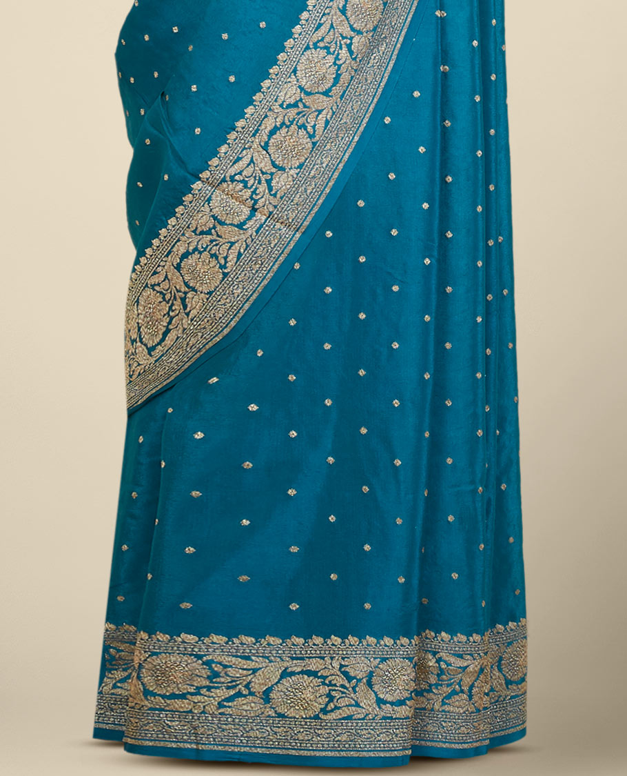 Blue floral butta crepe saree with self floral zari design border