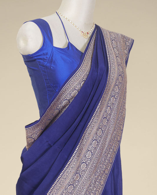 Blue floral butta banaras georgette saree with self floral design border