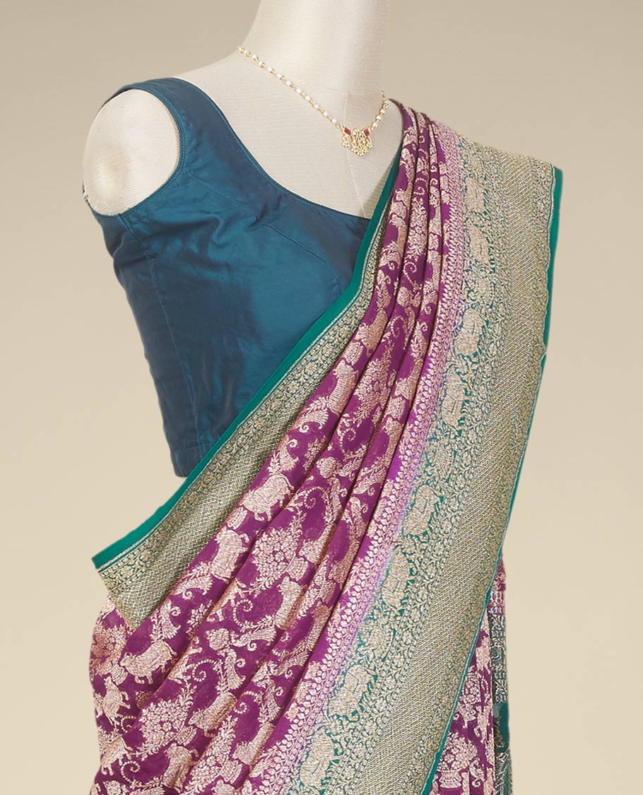 Purple animal design banaras georgette saree contrast zari design border