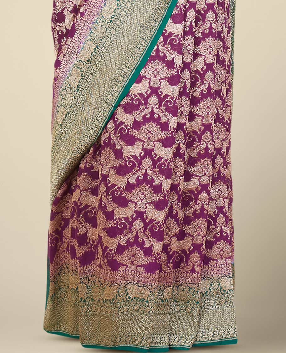 Purple animal design banaras georgette saree contrast zari design border