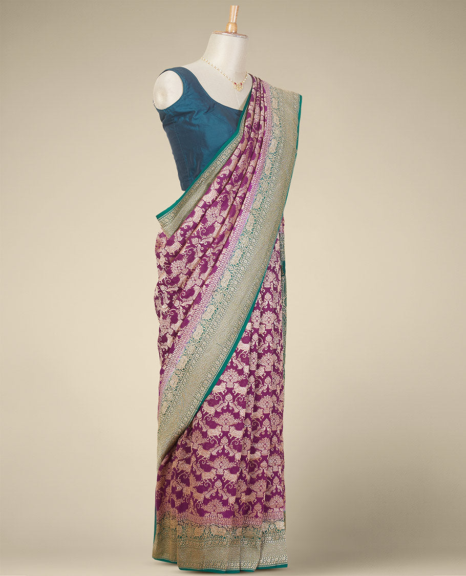 Purple animal design banaras georgette saree contrast zari design border