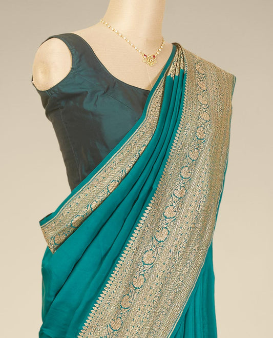 Green banaras silk saree with contrast intricate zari designb order