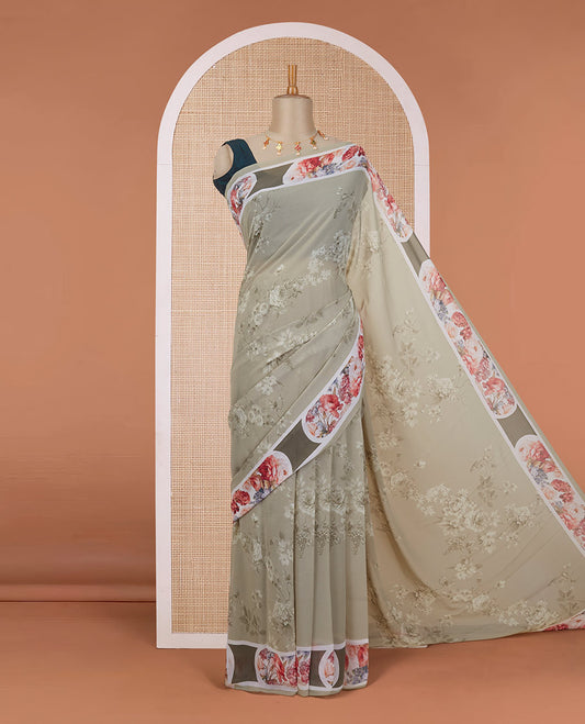 Green floral digital printed pure georgette saree highlighted with contrast colorful floral printed border