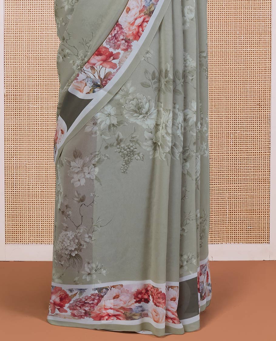 Green floral digital printed pure georgette saree highlighted with contrast colorful floral printed border