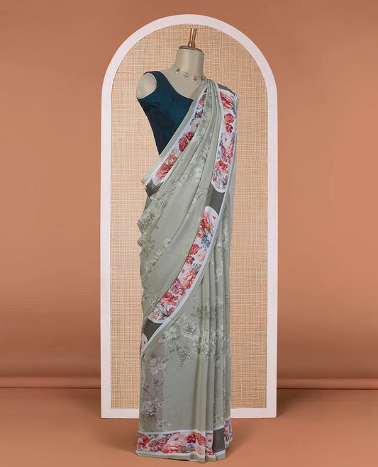 Green floral digital printed pure georgette saree highlighted with contrast colorful floral printed border