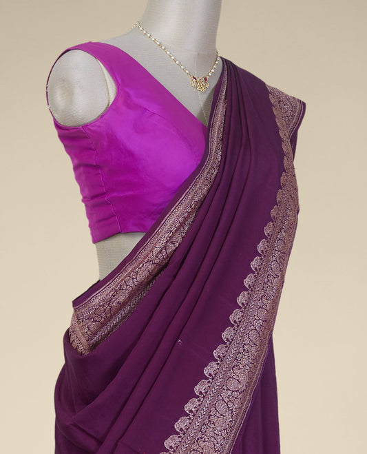 Purple crepe saree with self traditional zari design border