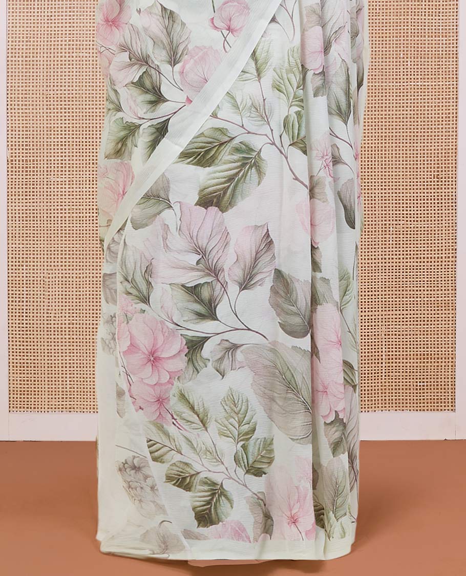 Borderless off-white all-over floral & leaf motifs digital printed pure chiffon saree