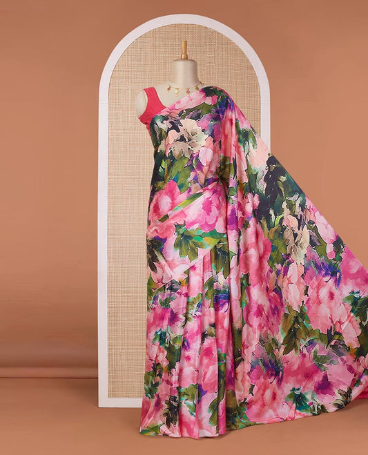 Borderless multi-color abstract-style floral printed pure satin silk saree, abstract-style floral printed blouse