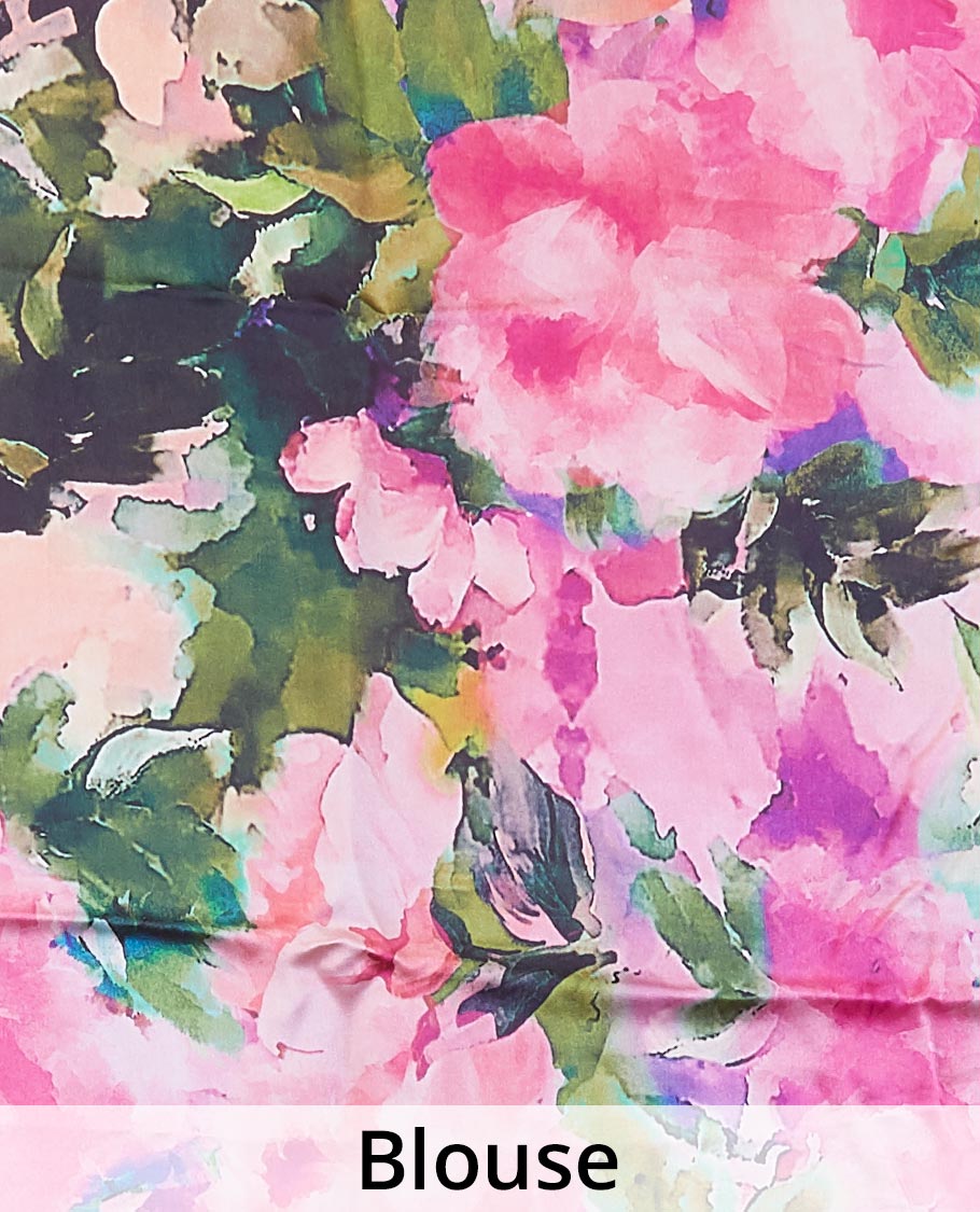 Borderless multi-color abstract-style floral printed pure satin silk saree, abstract-style floral printed blouse