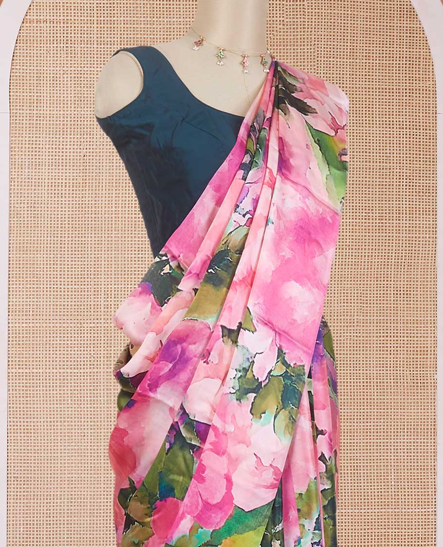 Borderless multi-color abstract-style floral printed pure satin silk saree, abstract-style floral printed blouse