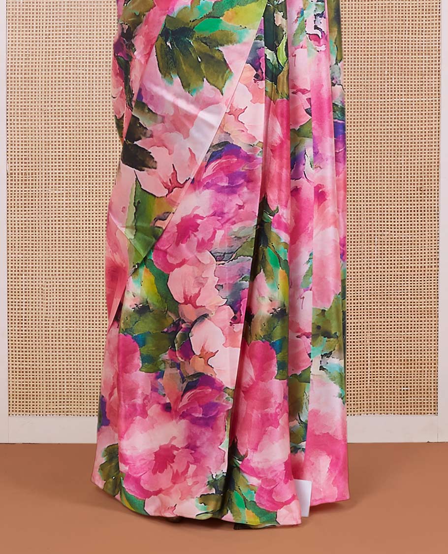 Borderless multi-color abstract-style floral printed pure satin silk saree, abstract-style floral printed blouse