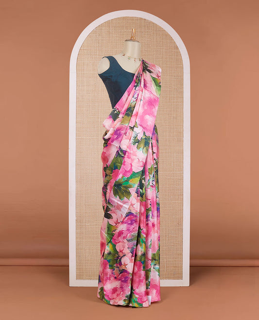 Borderless multi-color abstract-style floral printed pure satin silk saree, abstract-style floral printed blouse