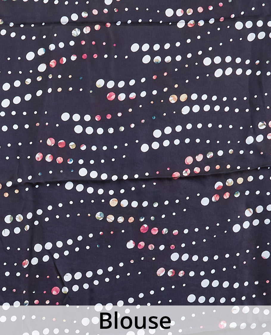 Borderless cream polka dots & floral digital printed pure satin silk saree with contrast polka dots printed blouse