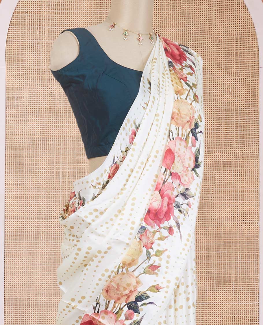 Borderless cream polka dots & floral digital printed pure satin silk saree with contrast polka dots printed blouse