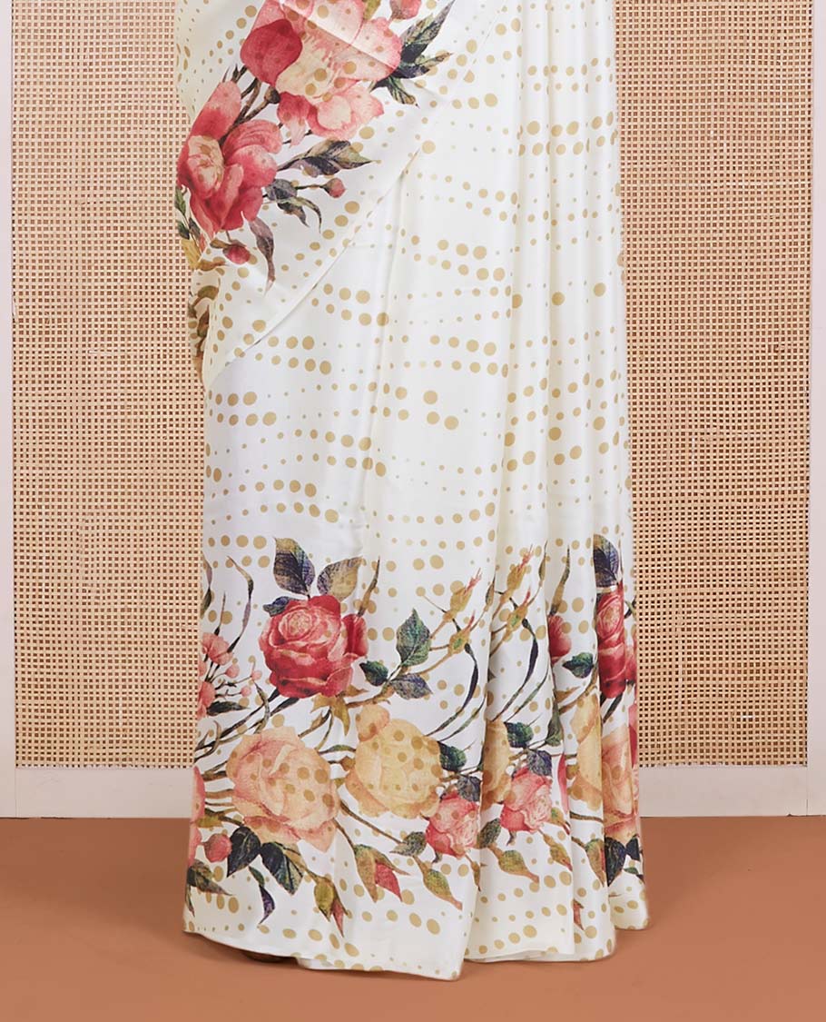 Borderless cream polka dots & floral digital printed pure satin silk saree with contrast polka dots printed blouse