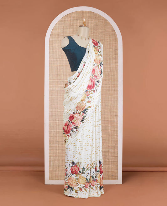 Borderless cream polka dots & floral digital printed pure satin silk saree with contrast polka dots printed blouse