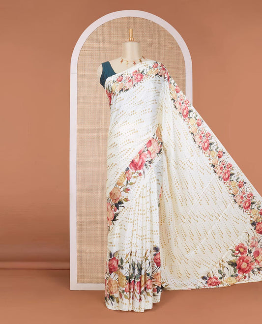 Borderless cream polka dots & floral digital printed pure satin silk saree with contrast polka dots printed blouse