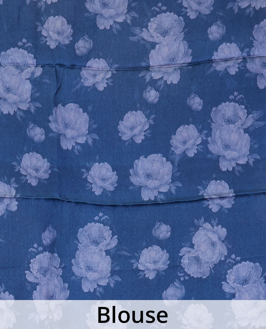 Borderless navy blue floral digital printed pure satin silk saree with matching floral printed blouse