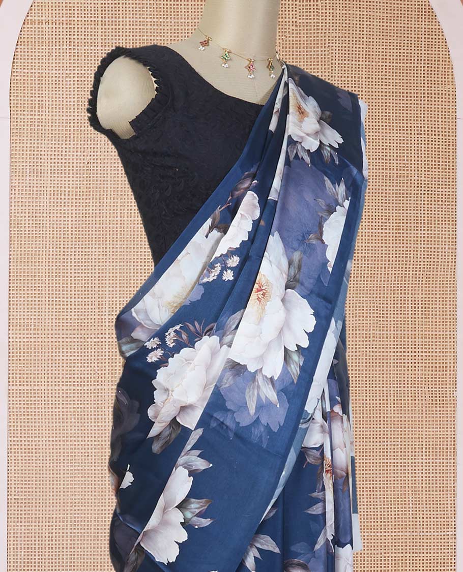Borderless navy blue floral digital printed pure satin silk saree with matching floral printed blouse