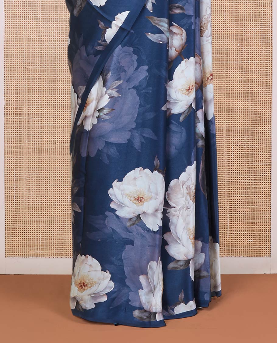 Borderless navy blue floral digital printed pure satin silk saree with matching floral printed blouse