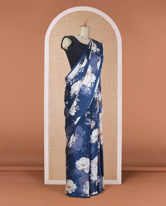 Borderless navy blue floral digital printed pure satin silk saree with matching floral printed blouse