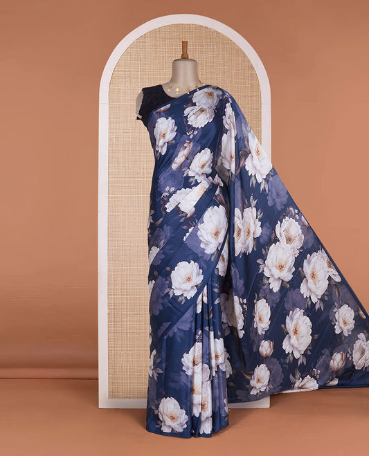 Borderless navy blue floral digital printed pure satin silk saree with matching floral printed blouse