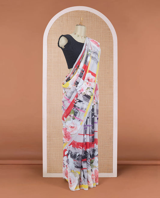 Borderless multi-color abstract-style floral digital printed pure georgette saree, floral printed blouse