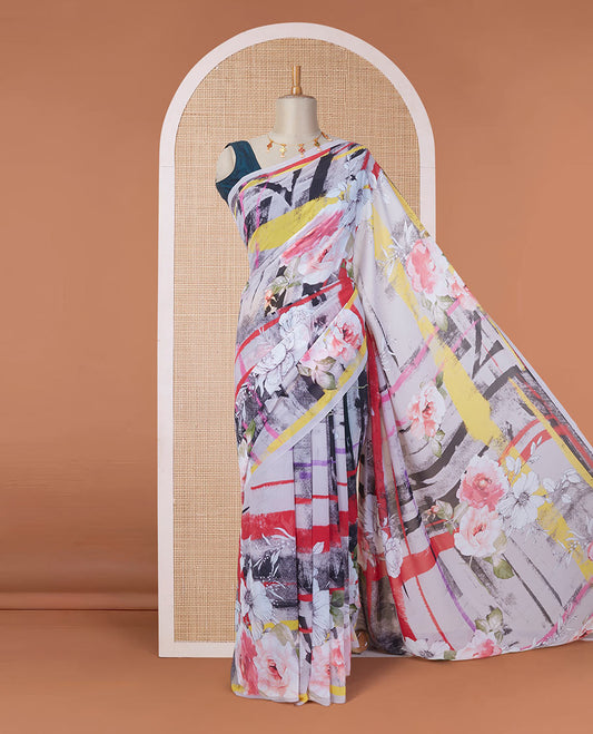 Borderless multi-color abstract-style floral digital printed pure georgette saree, floral printed blouse