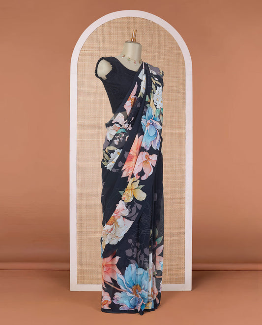 Borderless black colorful floral digital printed pure georgette saree, floral printed blouse