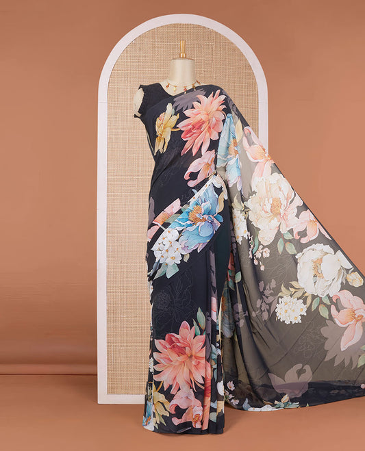 Borderless black colorful floral digital printed pure georgette saree, floral printed blouse