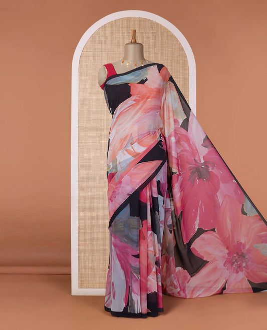 Borderless multi-color abstract painting-style big floral digital printed pure georgette saree, floral printed blouse