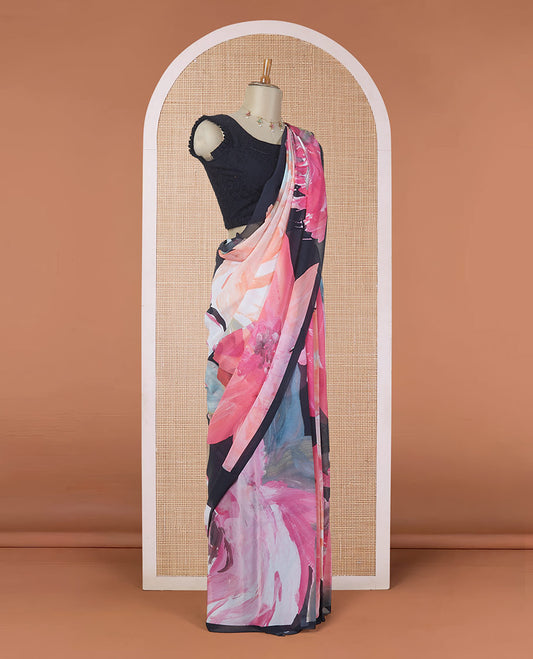 Borderless multi-color abstract painting-style big floral digital printed pure georgette saree, floral printed blouse