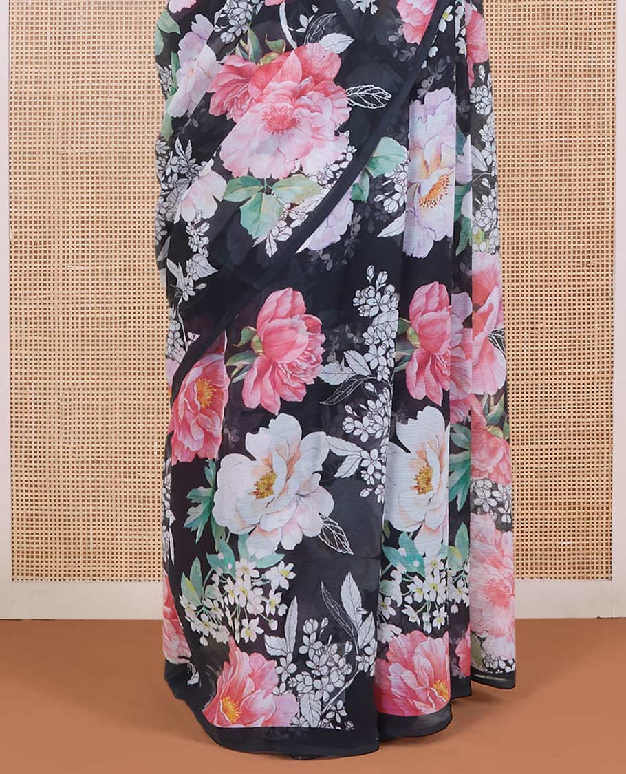 Borderless black digital printed pure chiffon saree with pink colored floral motifs, floral printed blouse