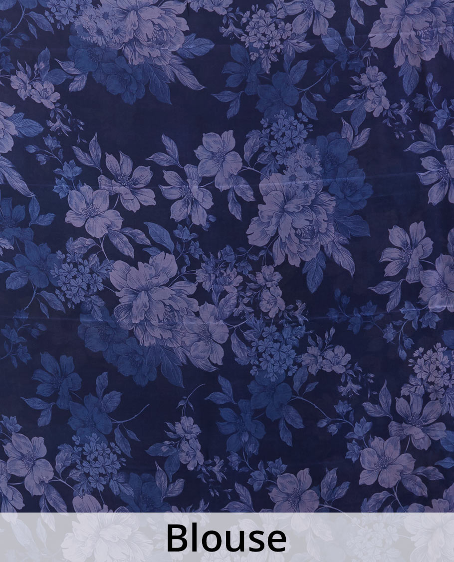 Borderless blue all-over floral motifs digitally printed pure crepe saree, floral printed matching blouse