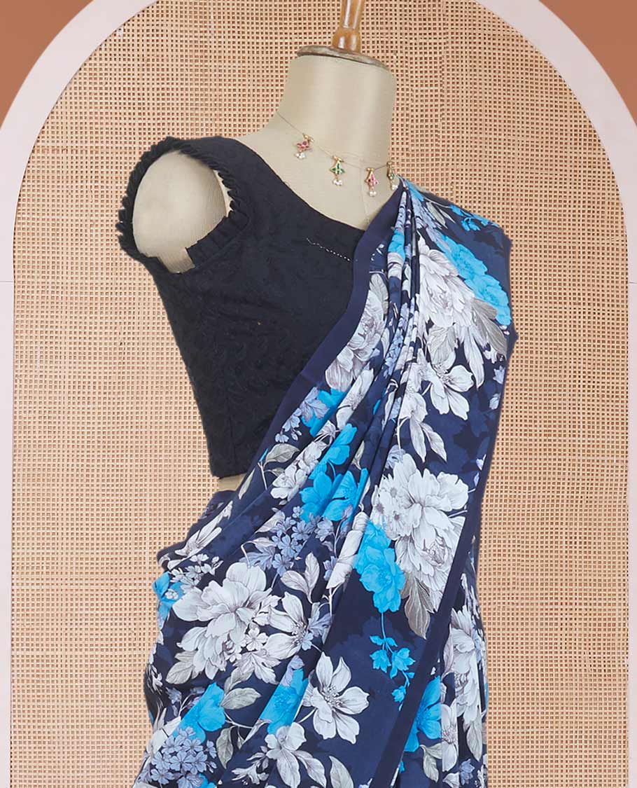 Borderless blue all-over floral motifs digitally printed pure crepe saree, floral printed matching blouse
