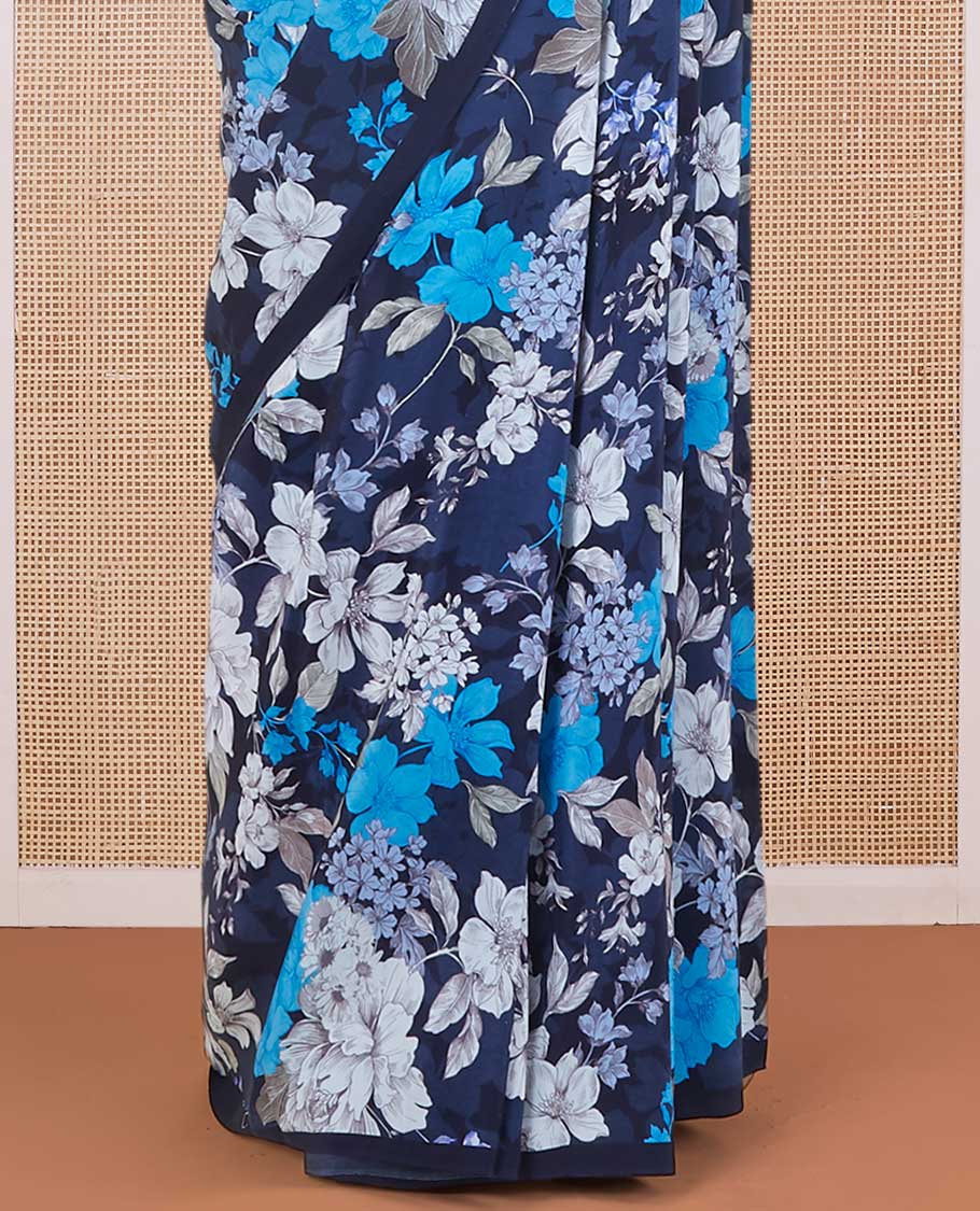 Borderless blue all-over floral motifs digitally printed pure crepe saree, floral printed matching blouse
