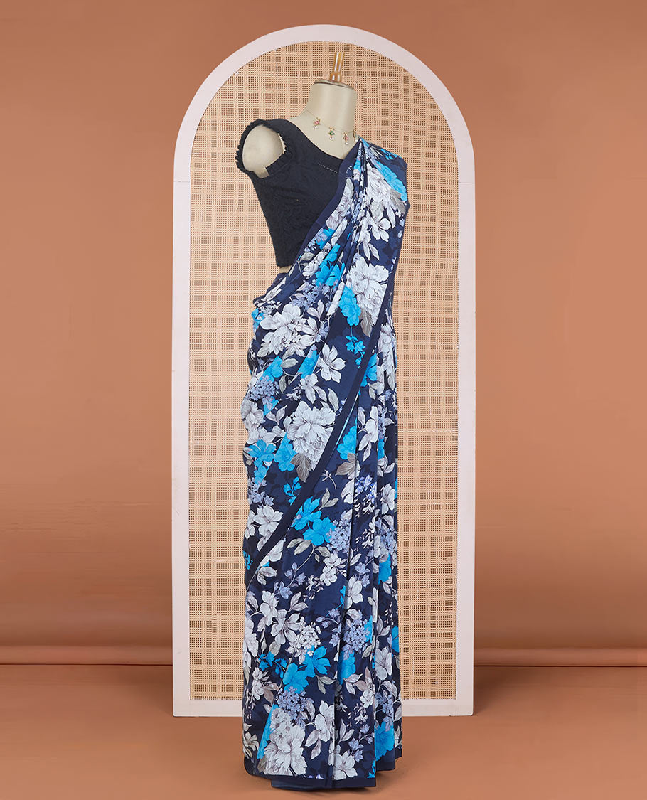 Borderless blue all-over floral motifs digitally printed pure crepe saree, floral printed matching blouse
