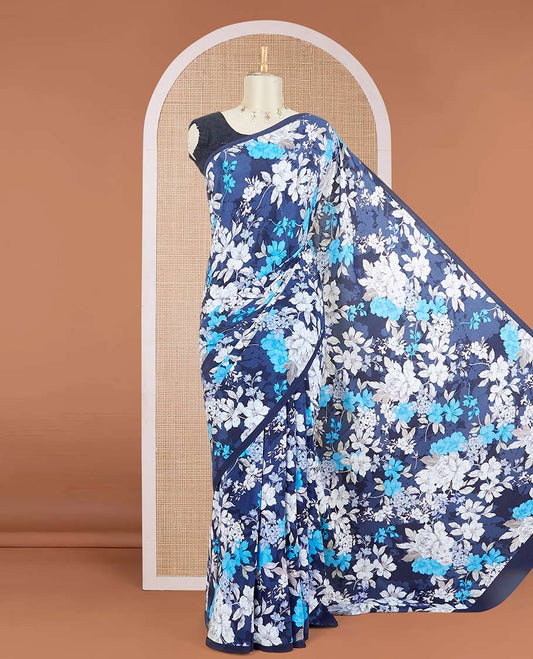 Borderless blue all-over floral motifs digitally printed pure crepe saree, floral printed matching blouse