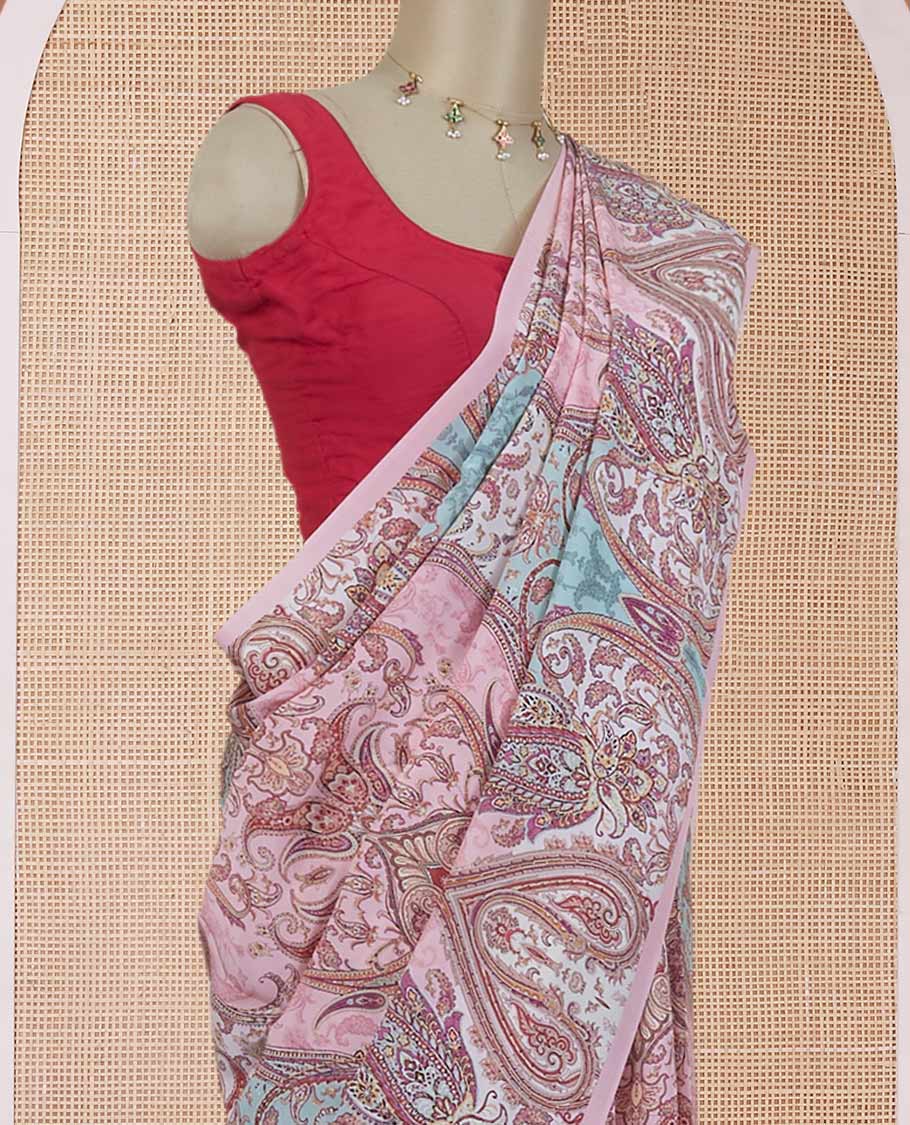 Borderless pink Mughal-style intricate motifs printed pure crepe saree