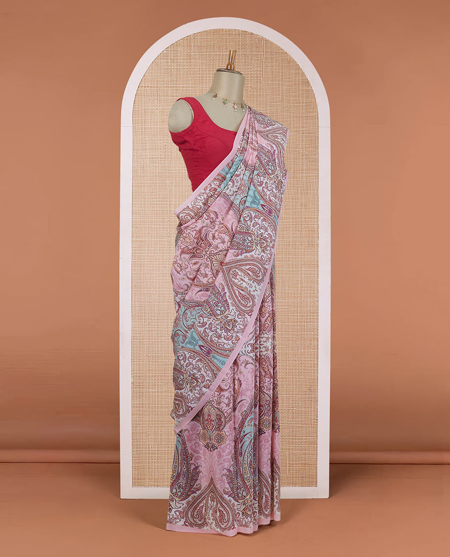 Borderless pink Mughal-style intricate motifs printed pure crepe saree