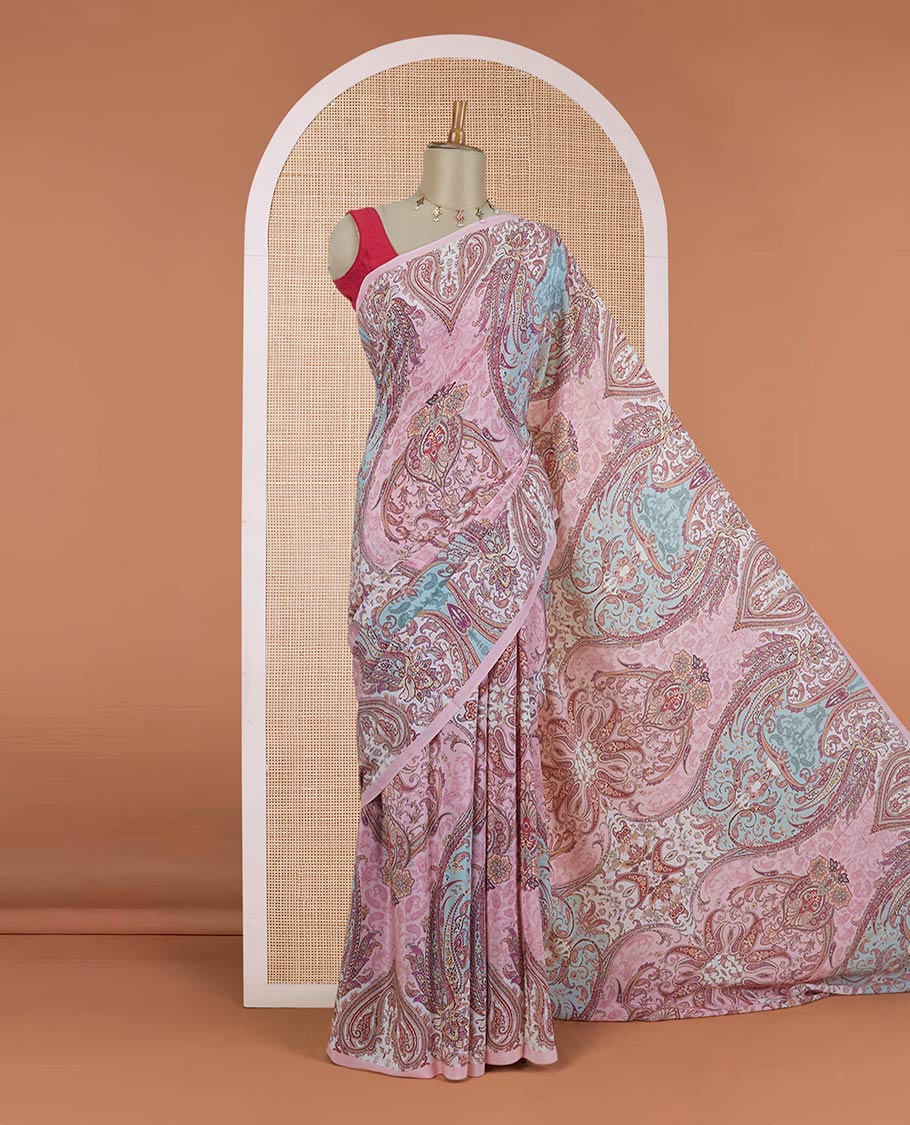 Borderless pink Mughal-style intricate motifs printed pure crepe saree