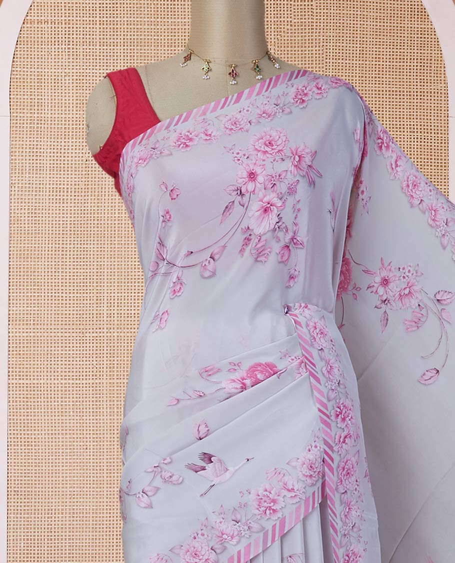 Grey floral & bird motifs digital printed pure crepe saree with slanting stripes printed border