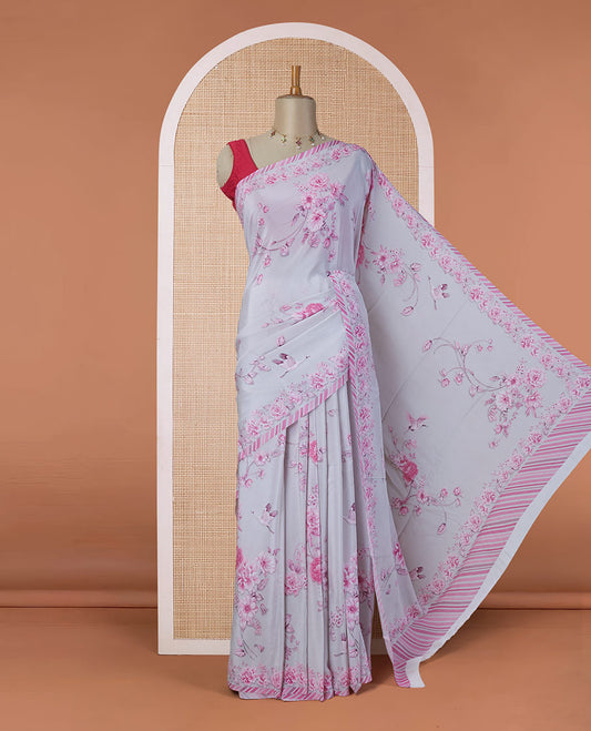 Grey floral & bird motifs digital printed pure crepe saree with slanting stripes printed border
