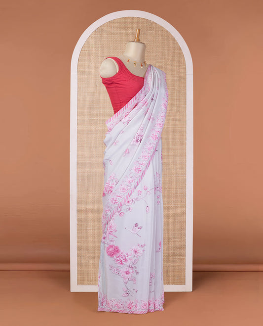 Grey floral & bird motifs digital printed pure crepe saree with slanting stripes printed border