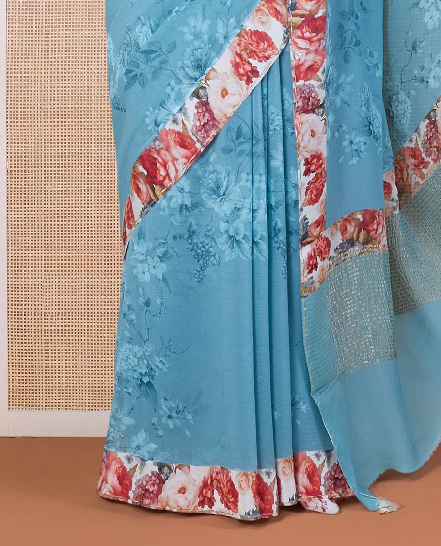 Blue floral motifs digitally printed pure chiffon saree with contrast floral printed patch border & zari striped pallu