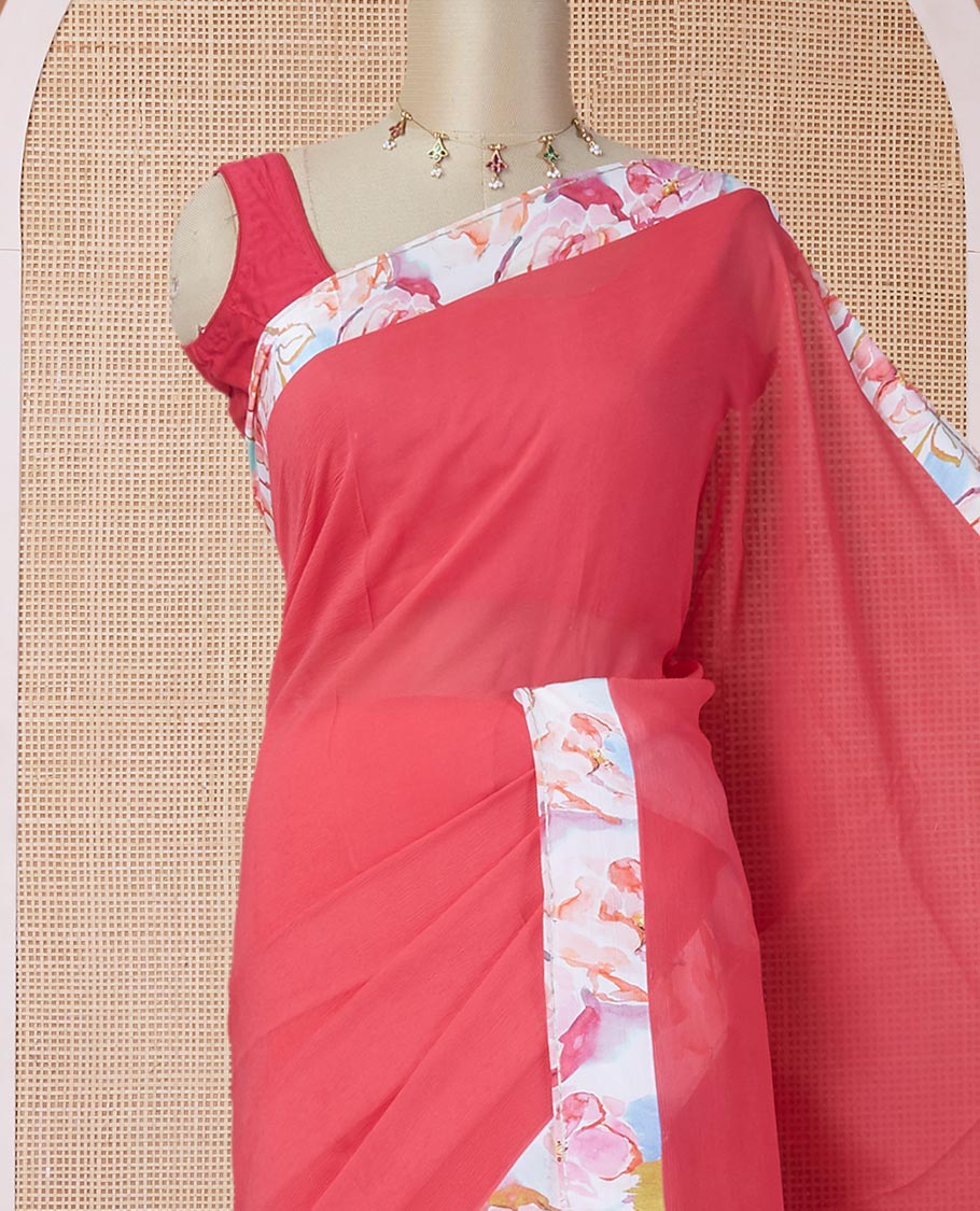 Red plain pure chiffon saree with a contrast abstract-style colors printed patch border & zari striped pallu