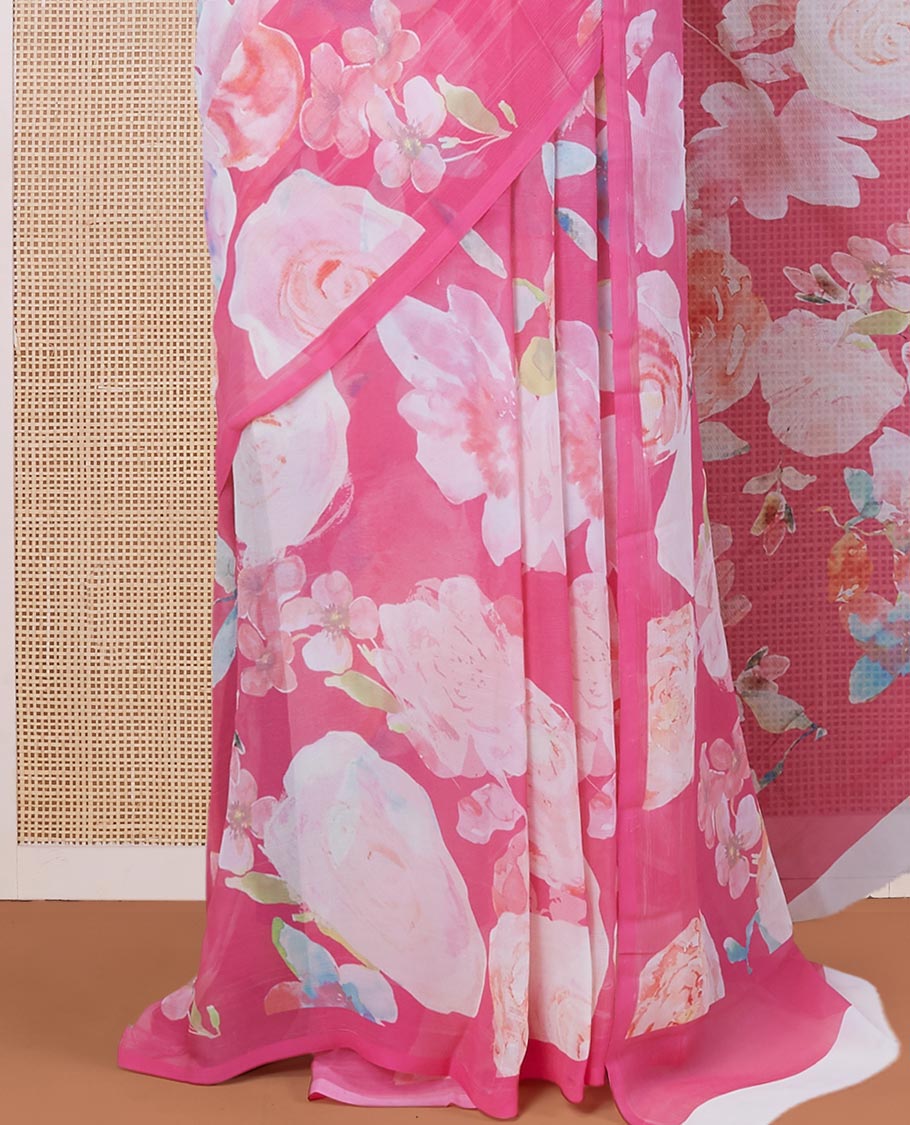 Borderless pink floral motifs digital printed pure chiffon saree with a matching plain blouse