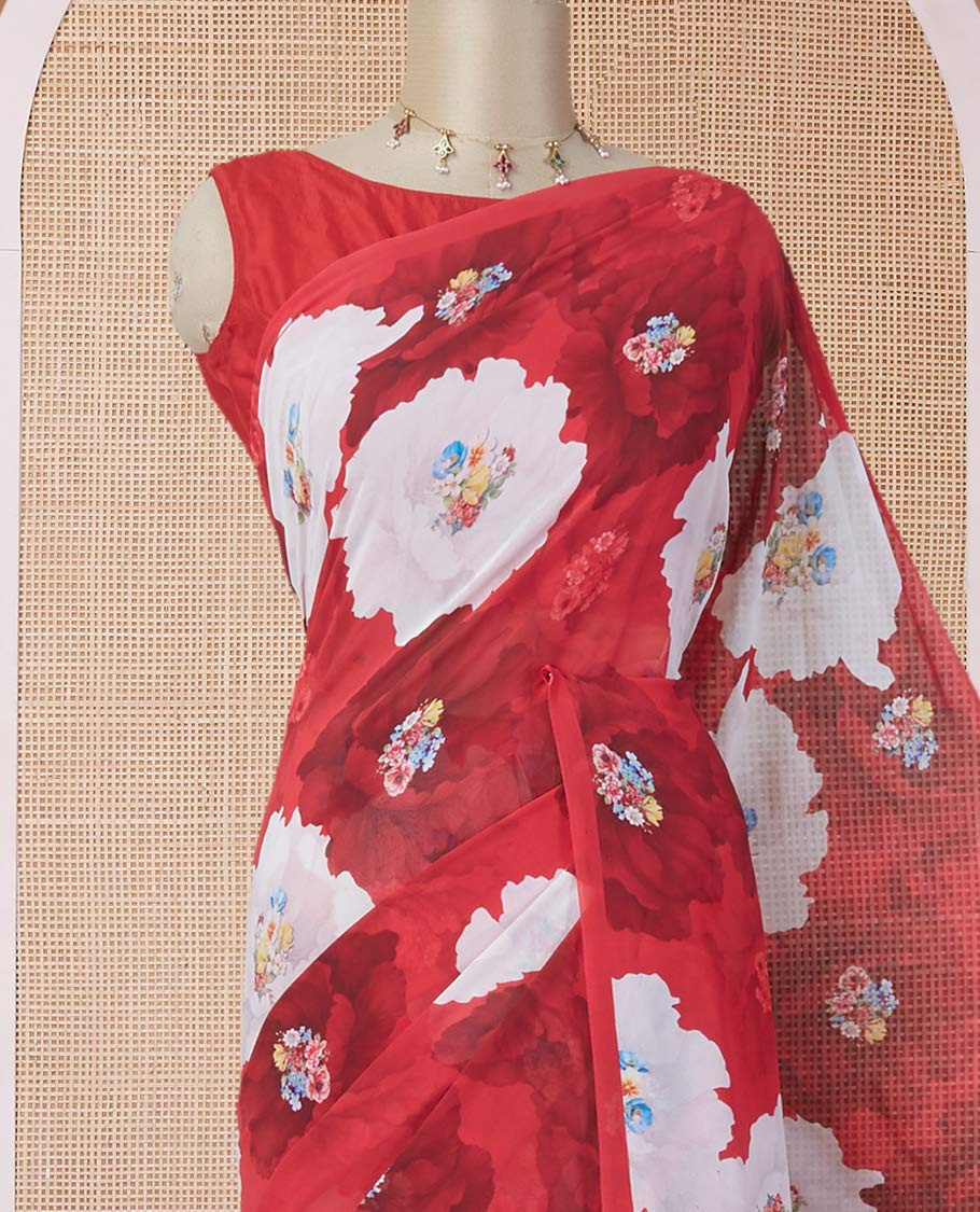 Borderless red digitally printed pure georgette saree with abstract & colorful floral bunch motifs print